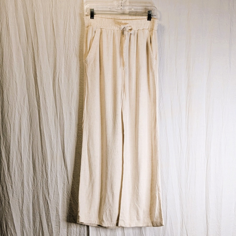 Resort Chic Sienna Sky Oatmeal Drawstring Rayon & Linen Pant L Wide Leg